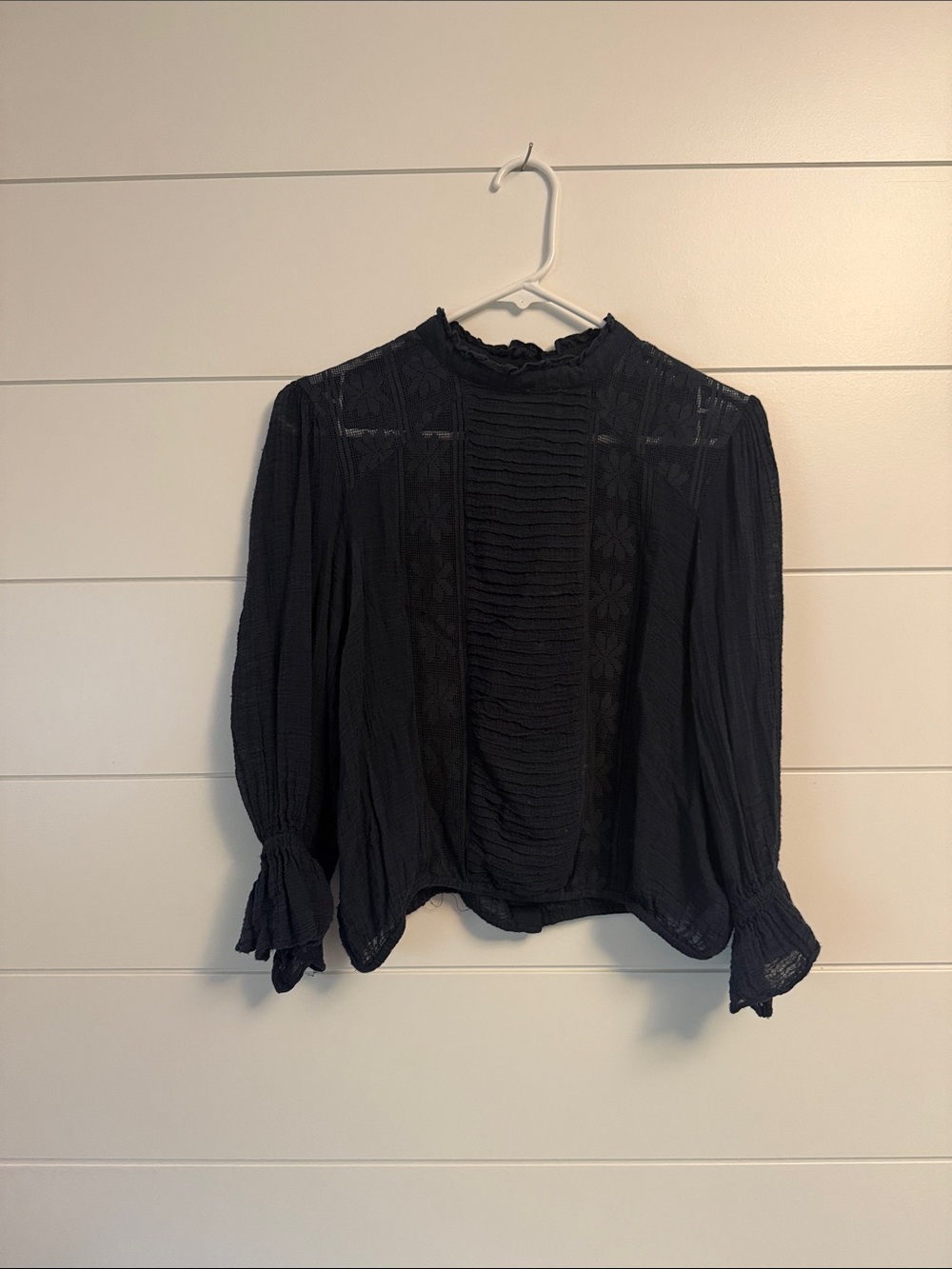 Free People Navy Lace Pintuck High-Neck Blouse